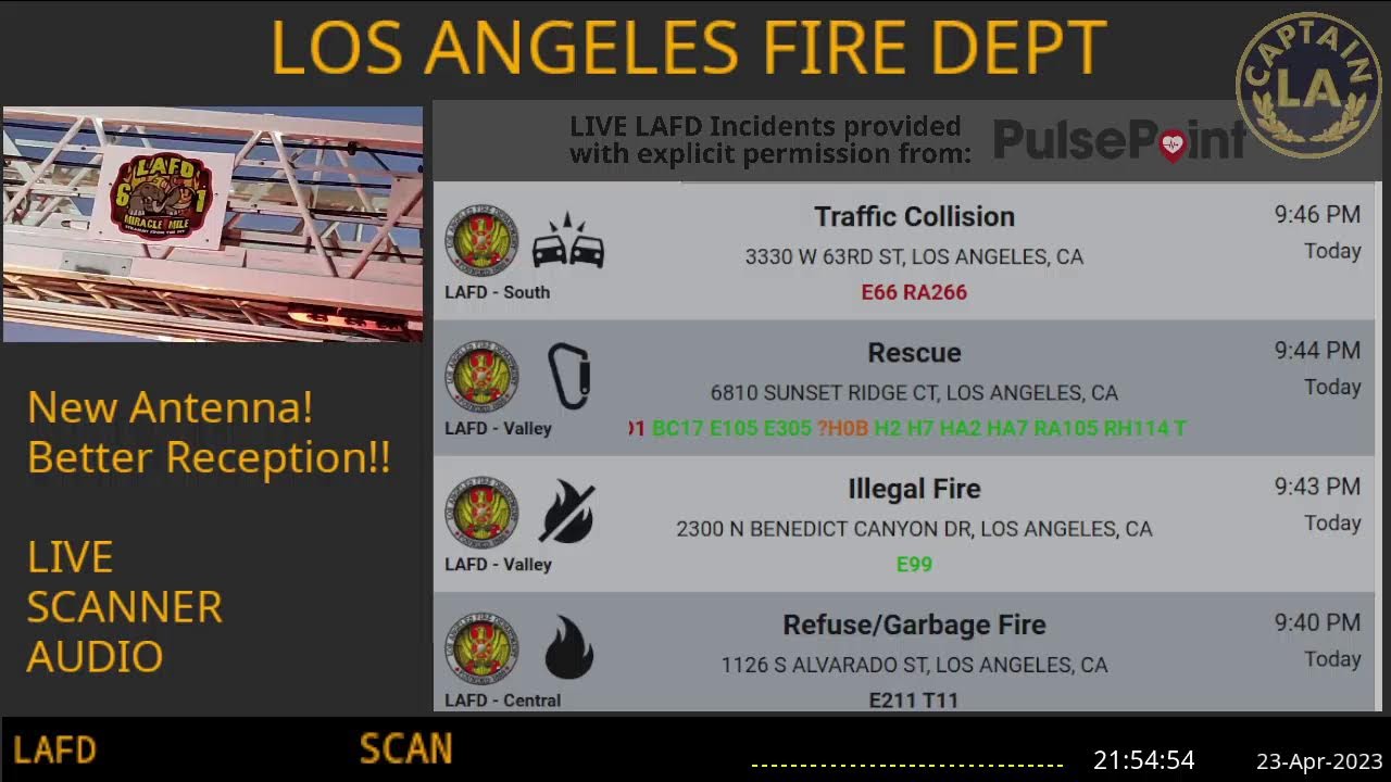 23-Apr-2023 // LAFD Los Angeles Fire Department SCANNER Radio ARCHIVE // FIRE & EMS // LA CAPTAIN 1 23 Apr 2023 // Lafd Los Angeles Fire Department Scanner Radio Archive // Fire & Ems // La Captain