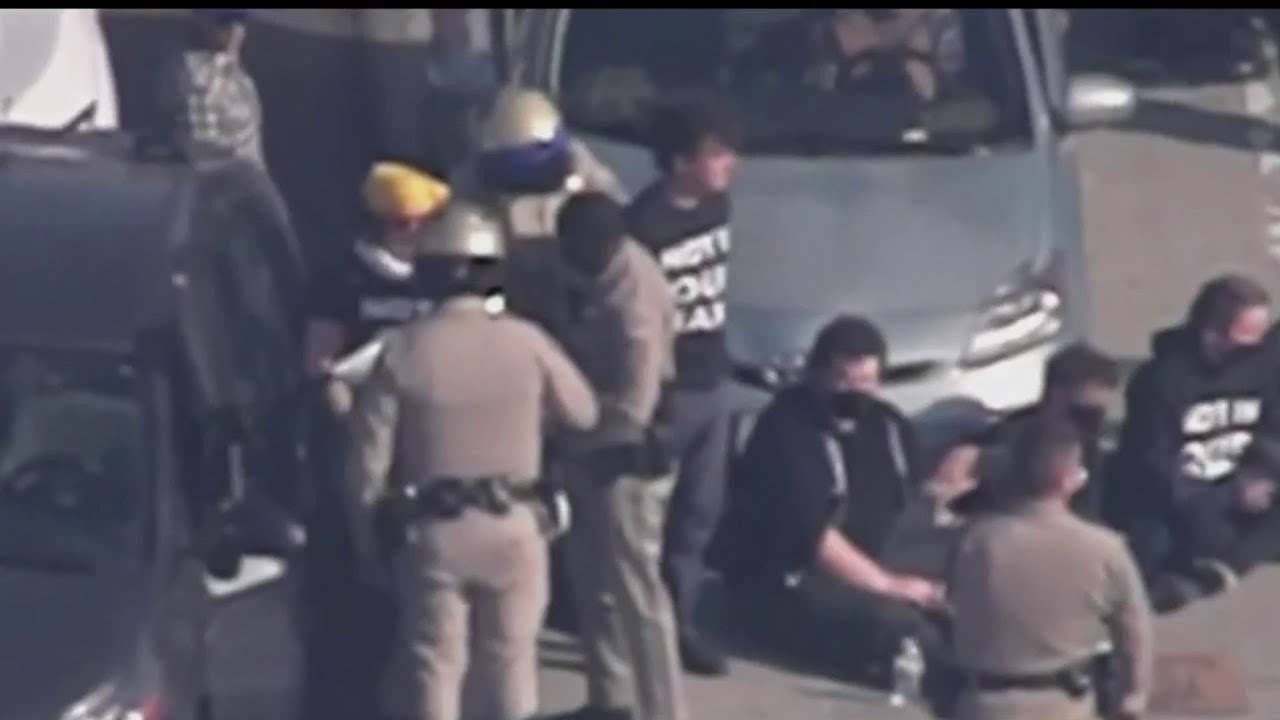 Protesters Halt Traffic On The 110 Freeway In Downtown La