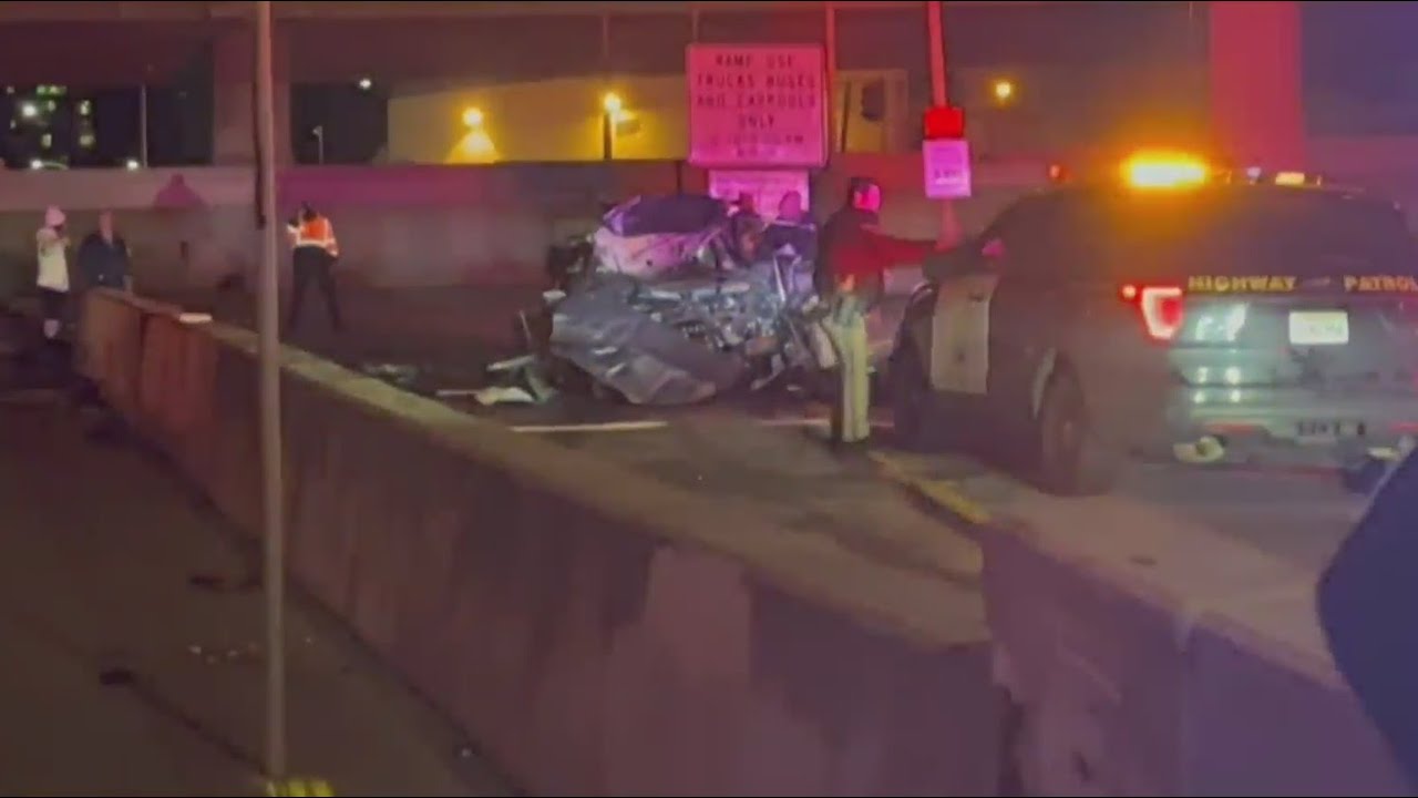 cars flies off highway offramp i