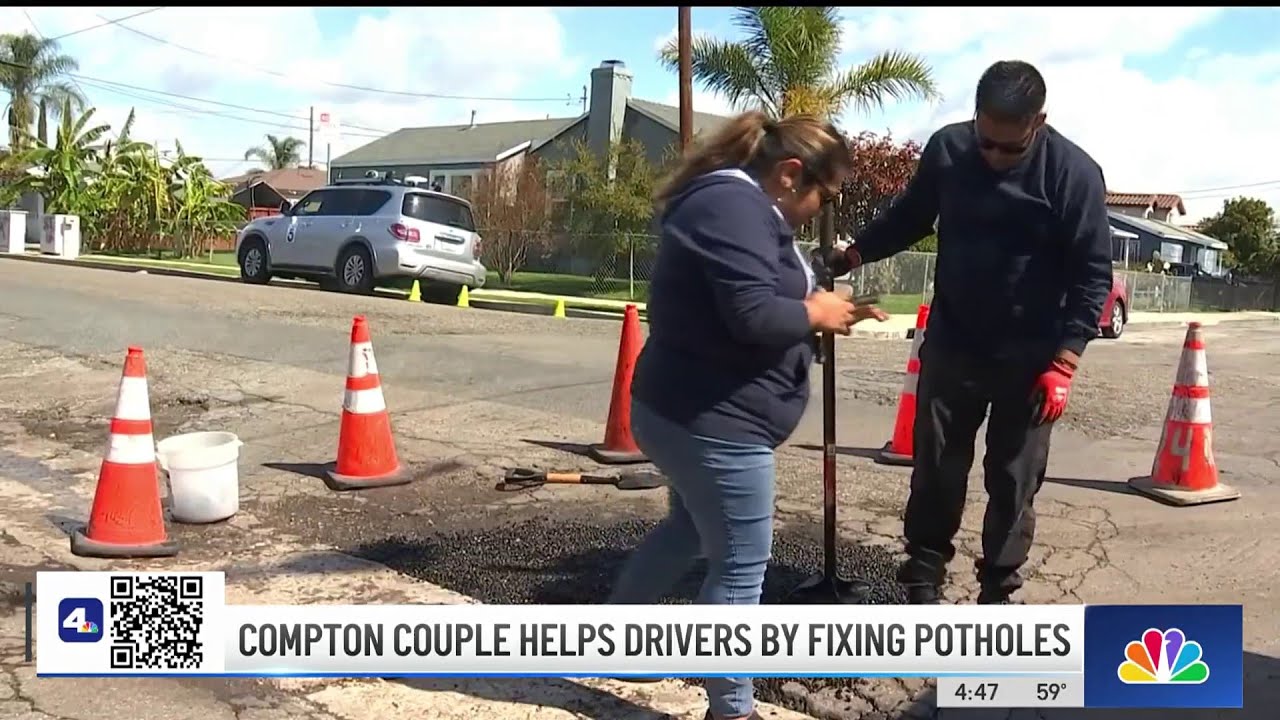 Compton couple helps drivers by fixing potholes 2 compton couple helps drivers by