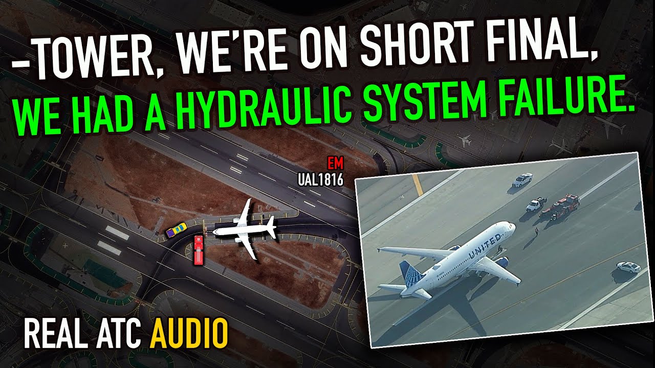 HYD System Failure during Landing at SFO. United Airbus A320. REAL ATC 2 hyd system failure during landin