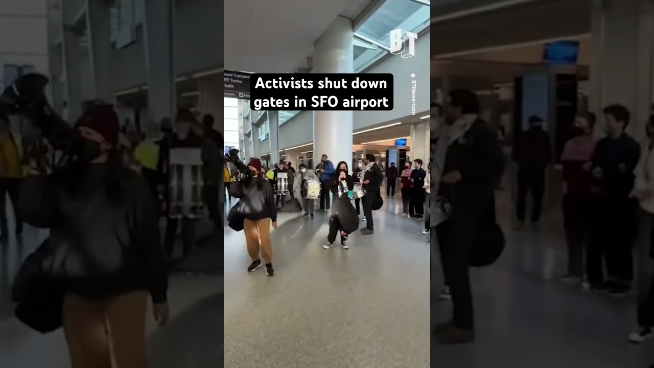 Palestine solidarity activists occupied the San Francisco International Airport and blocked gates. 2 palestine solidarity activists o