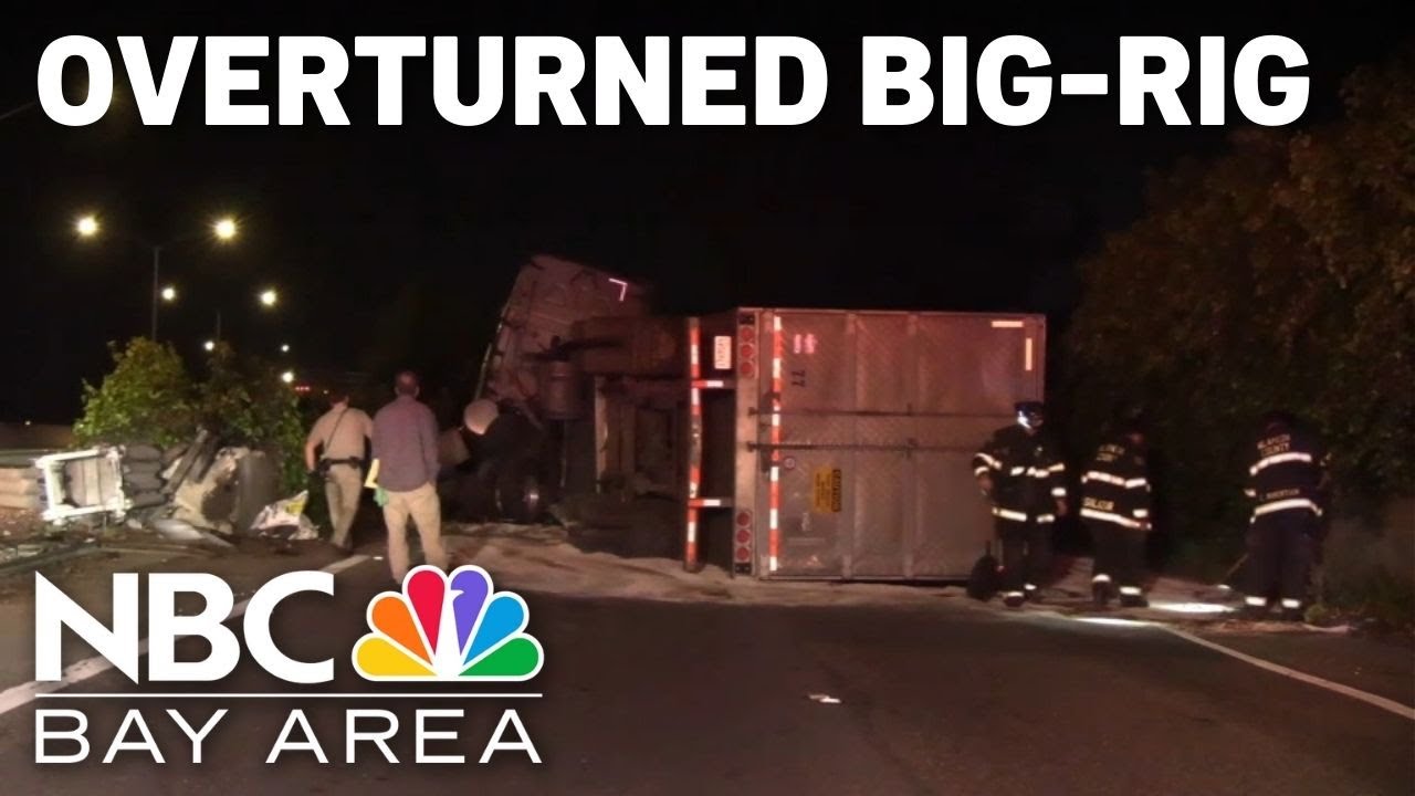 Overturned big-rig spills fuel, blocks lanes on 238-880 connector in San Lorenzo 2 overturned big rig spills fuel b