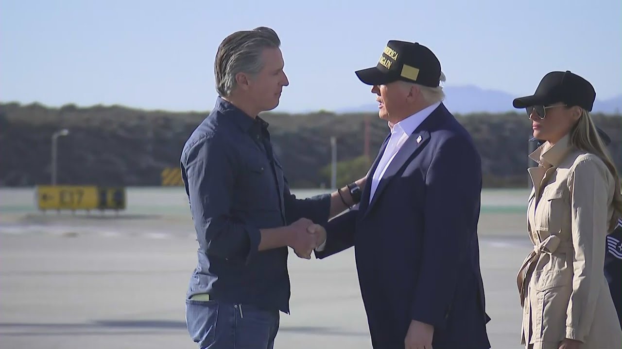 Gov. Newsom greets President Trump as he arrives to tour Los Angeles wildfire damage 2 gov newsom greets president trum