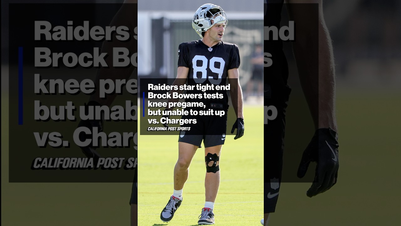 Raiders star tight end Brock Bowers tests knee pregame, but unable to suit up vs. Chargers 1 raiders star tight end brock bowers tests knee pregame but unable to suit up vs chargers